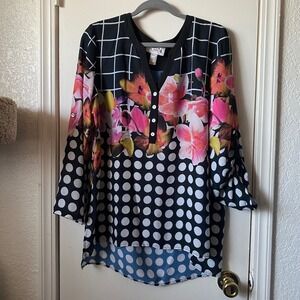 Joseph Ribkoff‎ Tunic Top Black White Polka Dot Floral Grid Button Blouse